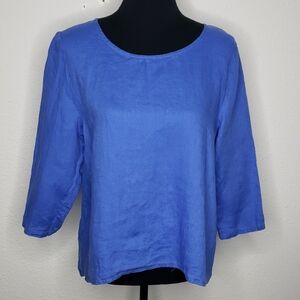 Amazhiyu Womens 100% Linen True Blue 3/4 Sleeve Blouse Size M Lagenlook Coastal